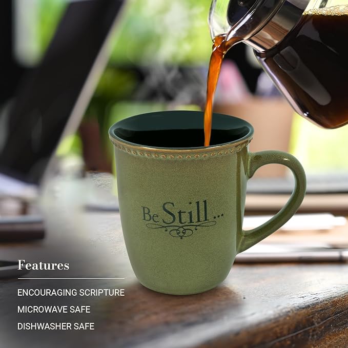 Christian Art Gifts Sage Green Stoneware Coffee Mug – 13 oz. Microwave and Dishwasher-safe Lead-free Inspirational Scripture Coffee and Tea Mug for Men & Women with Bible Verse: Be Still – Psalm 46:10 - Image 3