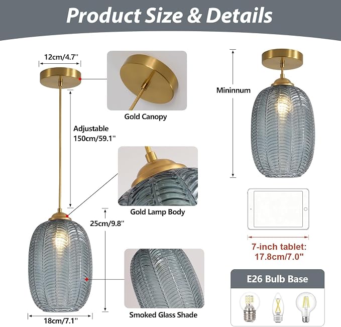 KCO Lighting Smoked Glass Globe Pendant Light Antique Gold Pendant Lights Nordic Blown Glass Pendant Light Single Hanging Light Fixture Mid Century Modern Entry Lighting - Image 2
