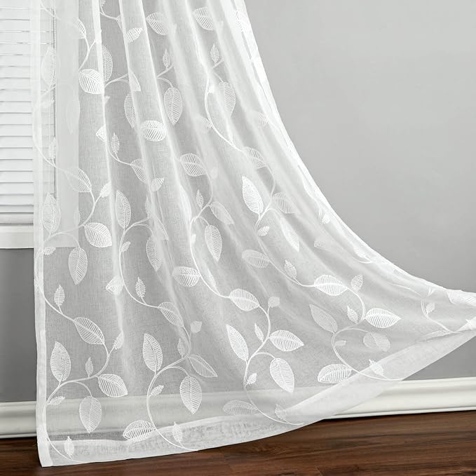 Semi-Sheer Elegant Embroidered Solid White Rod Pocket Window Curtains/Drape/Panels/Treatment 42 x 63,Two Panels | Soft Airy Texture, Soft Daylight Glow, Rod Pocket Design, for Living and Dining Room - Image 3