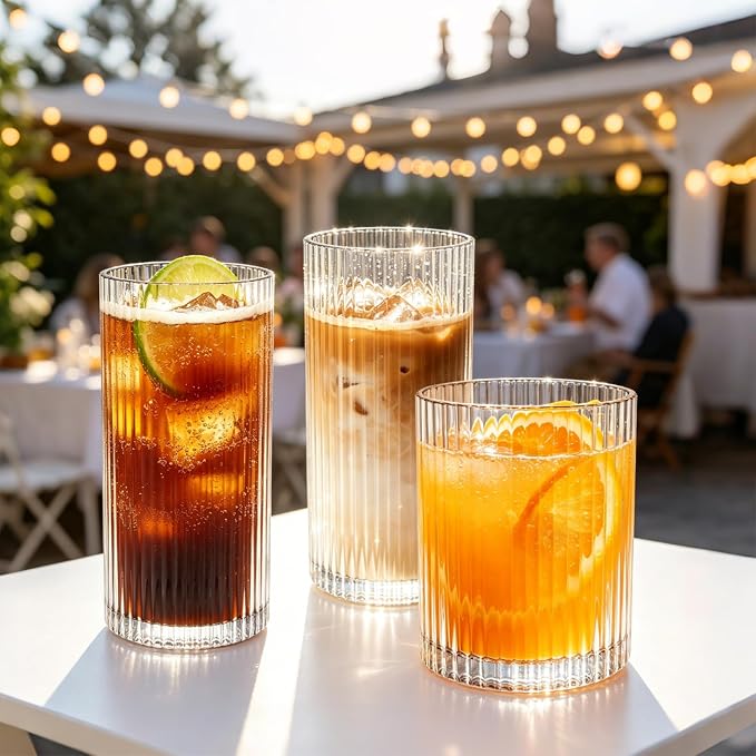 INSETLAN Set of 8 Vintage Glassware - 4 Highball Glasses 12 oz, 4 Rocks Glass Cups 14 oz, Ribbed Glassware Cocktail Glasses, Ideal for Wine, Juice, Water, Ice Coffee Cup, Whiskey, Mixed Drinkware - Image 8