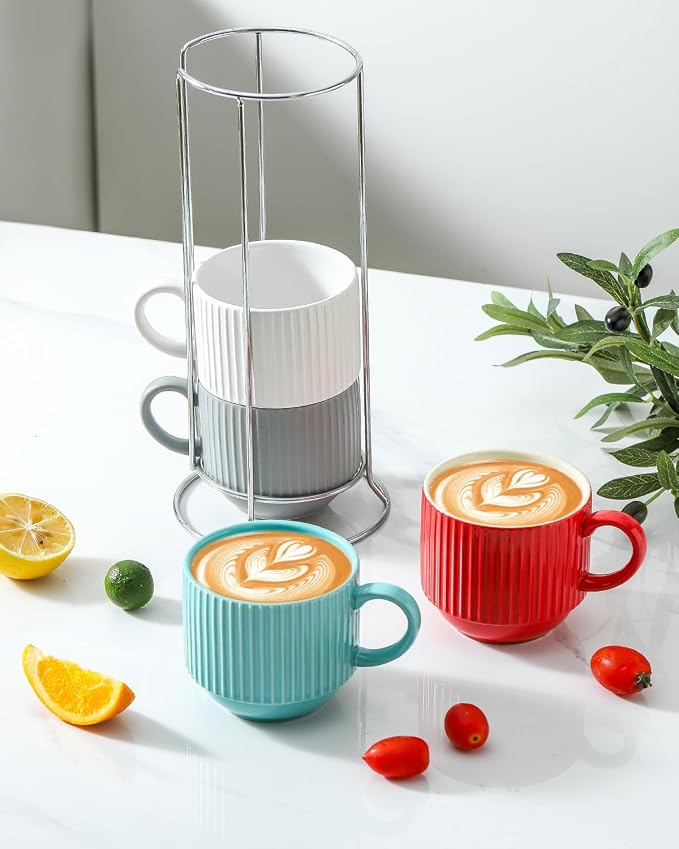 HASENSE Ceramic Coffee Mug Set of 4 with Rack - 15 oz Stacking Ribbed Latte Cups Set for Cappuccino, Tea, Hot Cocoa, Drinks - Wedding & Housewarming Gifts Assorted Colors - Image 2