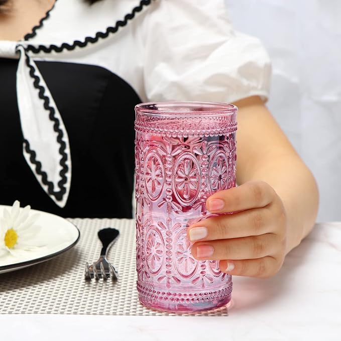 abrwyy Pink Drinking Glasses, 12oz Pink Glassware, Vintage Glassware | Lead-Free Glass, Thick&Durable Glass, Home Decoration, Food Grade Glass - Image 8