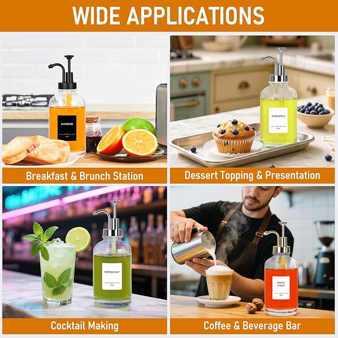Coffee Syrup Dispenser 16.9 Oz 2 Pack, 500ml Glass Bottle with Sliver Pump for Coffee Bar, Includes 36 Stickers - Reusable Syrup Bottles