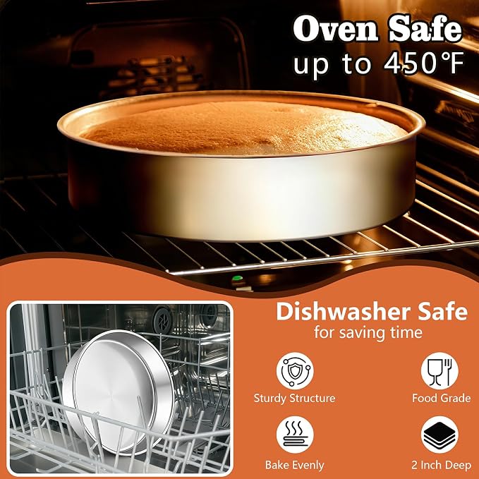 LIANYU 9 Inch Round Cake Pan Set of 2, Stainless Steel Layer Pan for Baking | Metal Round Baking Tin Pan Mold, Deep Bakeware for Wedding Birthday Cake, Mirror Polished, Dishwasher Safe - Image 5