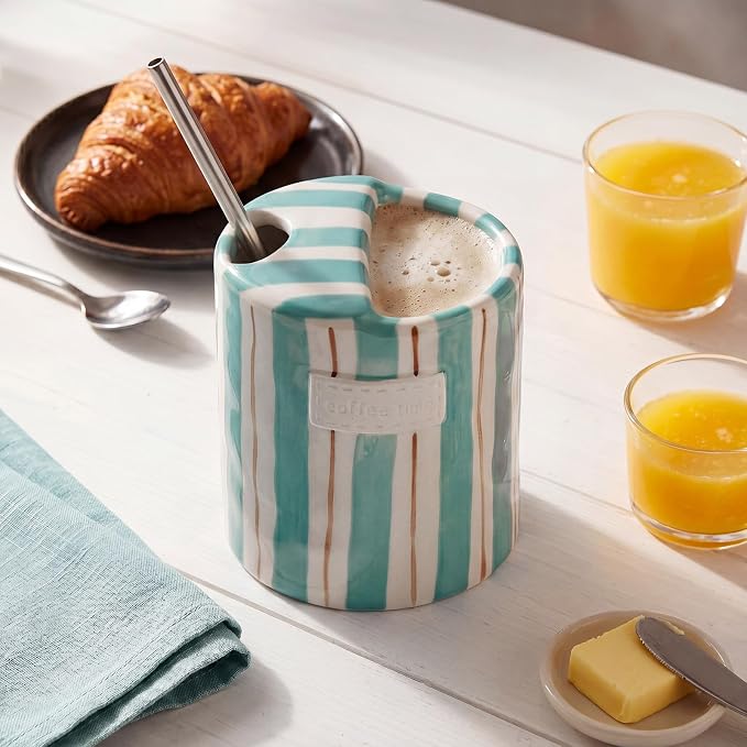 1 Pack Ceramic Coffee Mug with Sip Hole Espresso Cup 10oz with Straws Retro Hand Painted Striped Ceramic Iced Coffee Tea Travel Mug Latte Cup for Kitchen Dining (Simple,Blue and Brown) - Image 6