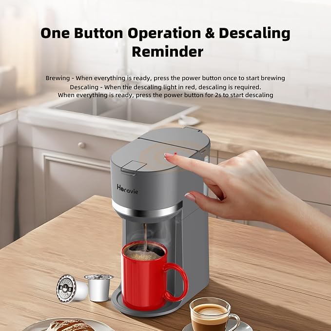Horavie Mini Single Serve Coffee Maker for K Cup Pods and Grounds, Fast Brew One Cup Coffee Machine with Descaling Reminder and Water Window, 6 to 12 oz. Brew Sizes, Gray - Image 4