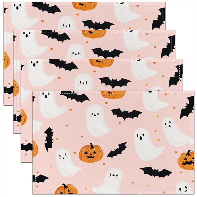 Feelyou Happy Halloween Placemats Set of 4 Pumpkin Lantern Ghost Table Mats for Party Kitchen Dining Decoration Holiday Seasonal Light Pink Orange Place Mat for Dinner Table Indoor Outdoor 18"x12" by Feelyou