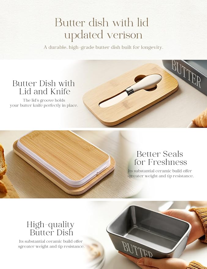 Ceramic Butter Dish with Lid and Knife & Silicone Seal for Countertop Grey | Suitable Capacity, Great Sealing, Home Decor Kitchen Gift Housewarming Gift - Image 4