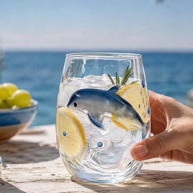 3D Sculpted Blue Ring Glass Stemless Wine Cup | Handmade 3D Blue Ring Stemless Glass Wine Cup Ocean Bar White Style 1 3D Sculpted Glassware Ocean Lover Gift Housewarming - Image 4