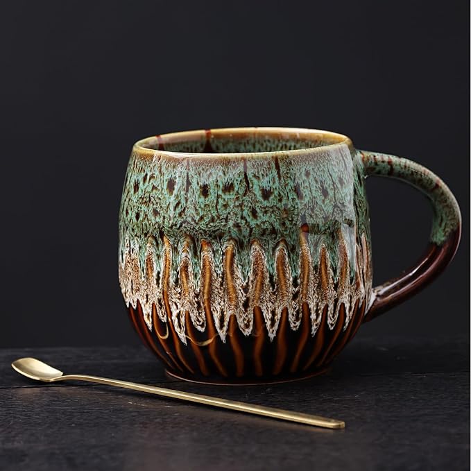 20 oz Large Ceramic Coffee Mug,Creative Handcrafted Reactive Glaze Coffee Cups Suitable for Home and Office Use,Dishwasher & Microwave Safe,Novelty Pottery Mug for Coffee Lovers Gift (green) - Image 2