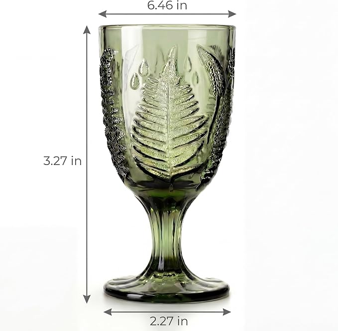 Green Glass Goblets Set of 4, Colored Wine Glasses, Vintage Fern Glassware | Hand-Pressed, Dishwasher Safe, Boho Leaf-Textured Drinkware, Embossed Stemware for Water, Cocktails, Retro Style Kitchen Gift - Image 7