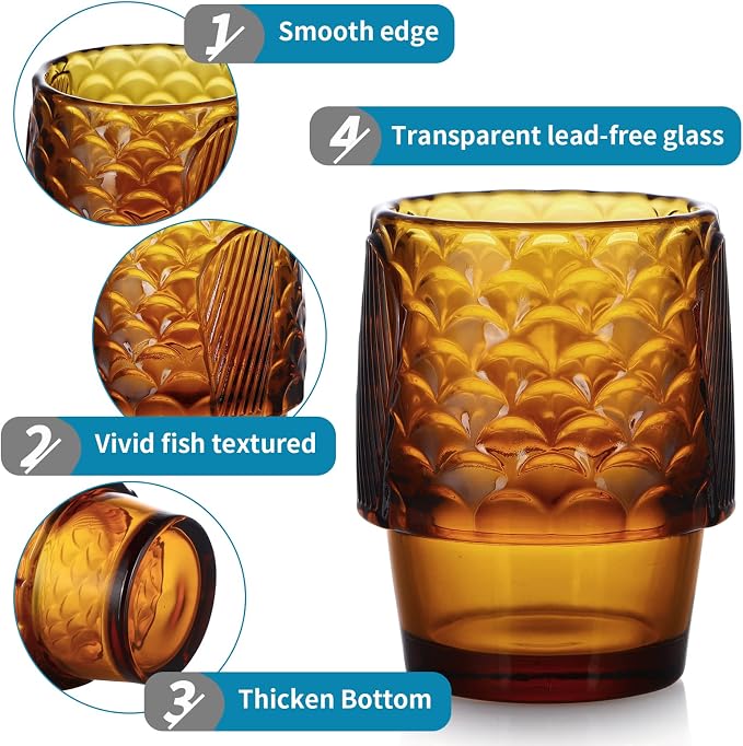 MDLUU Fish Design Tumbler Glasses, Stackable Drinking Glasses, Colored Glass Beverage Cups, Nautical Glassware for Gift, Set of 4 (Amber) - Image 5