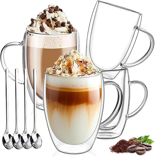 DINGPAI 15 oz Double Walled Glass Coffee Mugs, Large Coffee Mug with Handle | Borosilicate Glass, Insulation, Dishwasher Safe, Clear Glass Cups with Spoon for Latte, Cappuccino, Espresso, Americano by DINGPAI