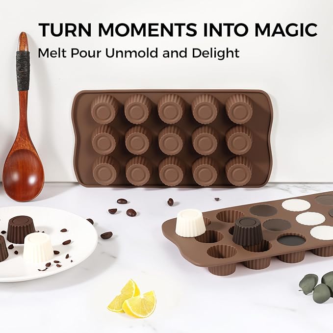 Mini Peanut Butter Cup Mold, 15 Cavity Chocolate Candy Molds, Silicone Baking Mold for Snack Size Mini Peanut Butter Cup, Jelly, and Cordial, Pack of 2