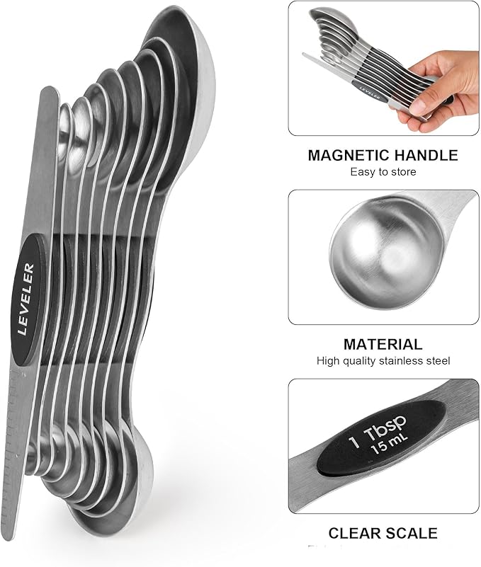 Smithcraft Magnetic Measuring Cups and Spoons Set 16, Metric & US Stainless Steel Measuring Cups and Spoons Set for Dry & Liquid, Metal Measure Cups & Spoons & Leveler for Kitchen&Baking, Black