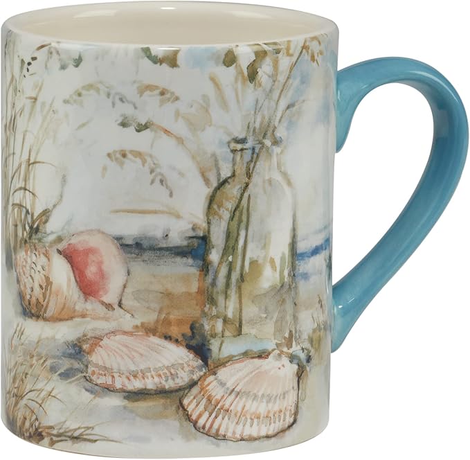 Coastal Landscape 16 oz. Ceramic Mugs – Set of 4 Assorted Beach Designs with Starfish, Shells & Ocean Bottles – Seaside Coffee Cups for Tea, Hot Cocoa, or Gifting – Blue Handle Accent - Image 4