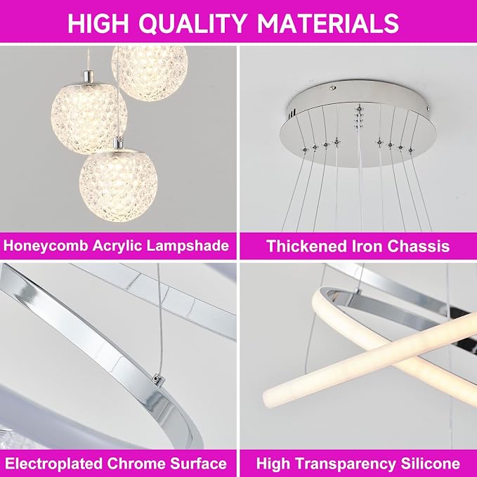 ORANOOR LED Modern 3 Ring Chandeliers, 24inch Dimmable Kitchen Pendant Lamp | Silver Dining Room Light Fixtures Ceiling Hanging Over Table, Globe Round Chandeliers for Living Room Dining Room, Chrome - Image 3