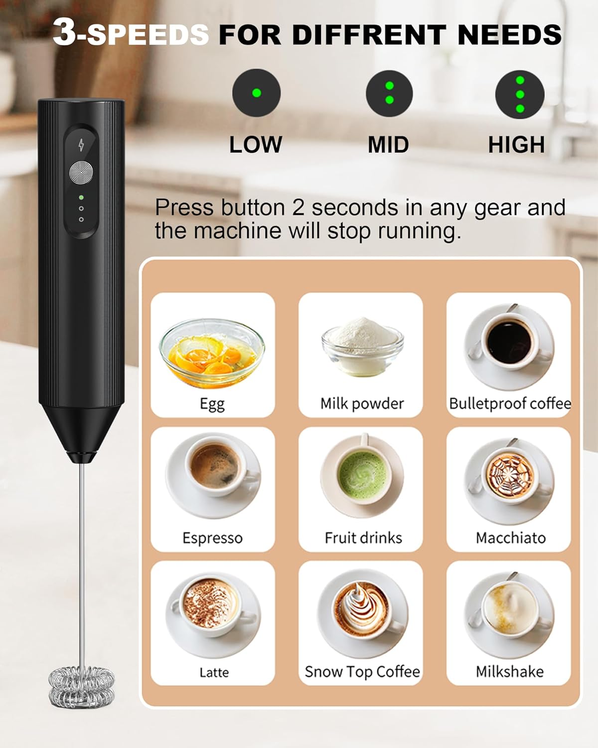 Rechargeable 3-Speed Milk Frother Wand (Black)