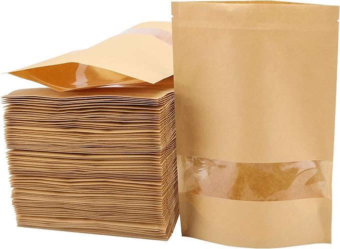 Tecbeauty 100pcs Kraft Paper Stand Up Pouches Zipper Lock Resealable Food Storage Bags with Window for Packing Cookies, Dog Treats (7.9 x 11.8 inch) by Tecbeauty