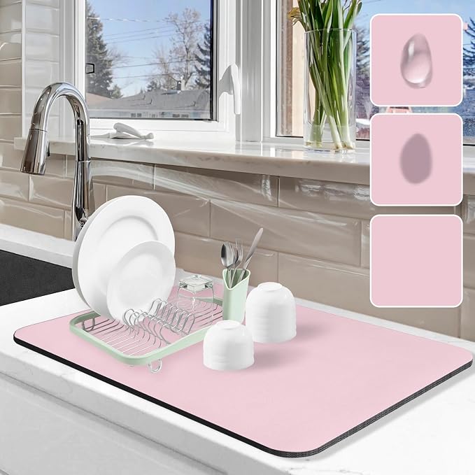 Dish Drying Mat for Kitchen Counter, 16"x24" Pad with Rubber Backed (Pink) | Hide Stain Anti Absorbent for Kitchen Counter, Non-slip Drying Mat for Coffee Machine Dish Rack by Etomiel