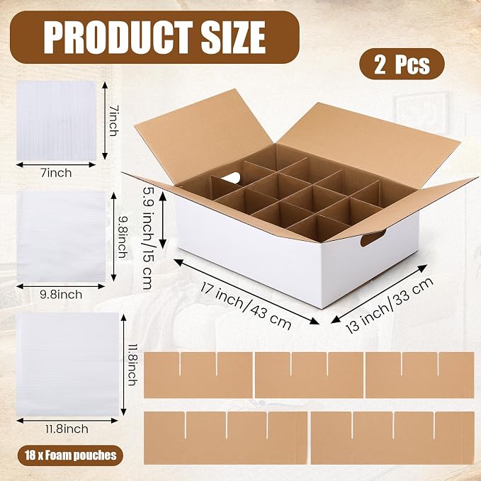 MotiMind 2 Sets Mug Moving Boxes with Divider Kits 17 x 13 x 6 Inches Mug Packing Shipping Box Kitchen Moving Boxes Storage Carrier with 18 Pcs Foam Pouches and Handles for Glasses Cup Wine Packing - Image 2