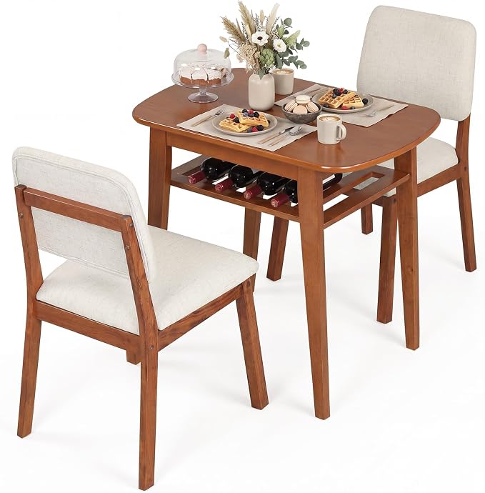 Giantex Dining Table Set for 2, Space Saving Kitchen Table and Chairs Set w/Rubber Wood Frame, Storage Rack, Padded Seats & Backrests, Dinette Set for Small Space, Apartment, Dining Room, Walnut by Giantex