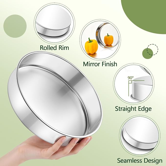 P&P CHEF 9 Inch Cake Pan Set of 2, Stainless Steel Round Cake Baking Pan | Layer Cake Tin Bakeware for Cooking Steaming, Ideal for Birthday Wedding Anniversary, Fit for Home & Commercial Use - Image 3