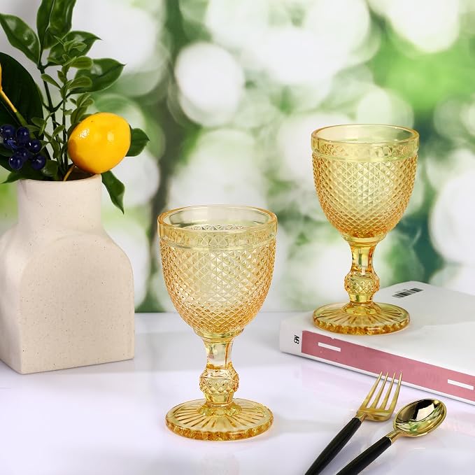 Bokon 6 Pack Amber Glass Goblets Set 10 oz High Clear Wine Glass Vintage Water Goblets Cups Embossed Diamond Design Glassware with Stem for Drinking Juice Liquor Party Wedding Bar - Image 3
