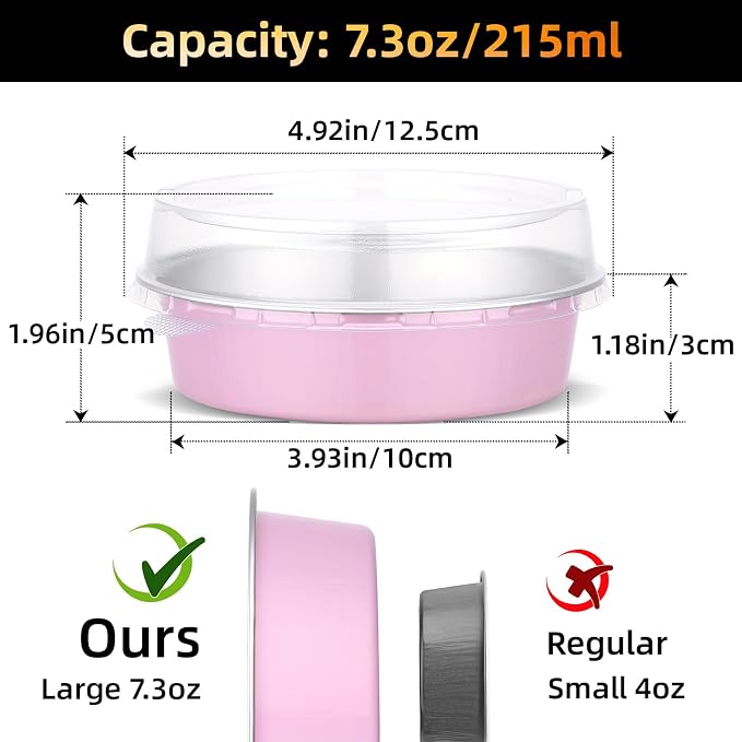 Beasea 7.3oz Mini Pie Pans with Lids, 120 Pack 4 Inch Disposable Creme Brulee Ramekins Small Aluminum Foil Pie Tart Cake Baking Tin Pans Cheesecake Containers for Party - Pastel Pink - Image 2