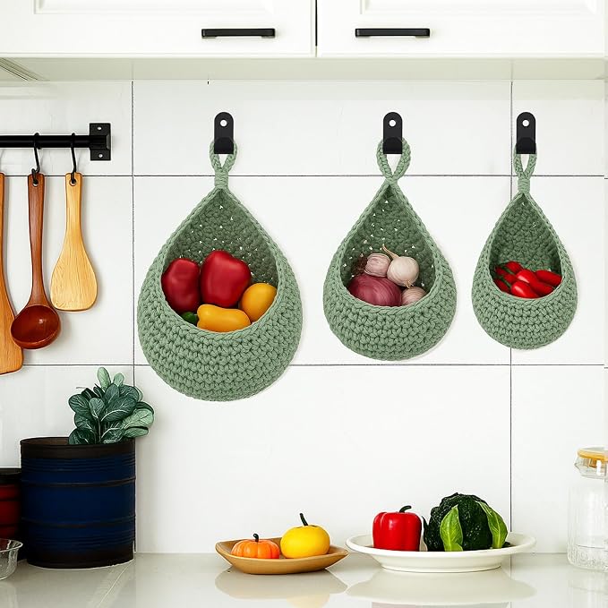 Honeydak Boho Decor Hanging Wall Baskets for Kitchen 3 Pack Teardrop Baskets with Hooks Storage Fruit Onion Vegetable Potato for Home - Image 3