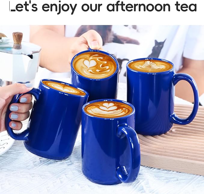 16 OZ Coffee Mugs, Classic Blank Ceramic Cup with Large Handle for Tea Latte Cappuccino, Set of 4, Blue - Image 2