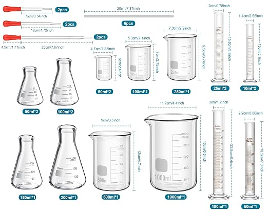 Frienda 30 Pcs 50/100/250/500/1000ml Glass Beaker Set, 3.3 Borosilicate Low Form Griffin Lab Glassware Include Graduated Cylinder, Beaker, Dropper, Stirring Rod, Measuring Cups for Lab Chemistry - Image 2