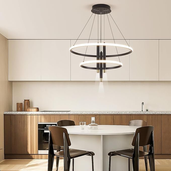 ORANOOR LED Black Modern Chandeliers, Dimmable 24inch Kitchen Pendant Light | Dining Room Light Fixtures Ceiling Hanging Over Table, 2 Ring Round Chandelier for Bedrooms Living Room, LED Pendant Lamp 75W - Image 7