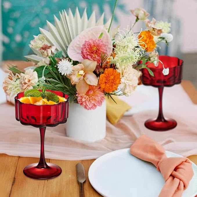 Vintage Champagne Coupes Glass Cute Martini Cocktail Glasses,13oz Crystal Martini Wine Glasses Set Of 6 Elegant Flower -Shaped Goblet Drinking Champagne Dessert Yogurt Ice Cream Glassware Cups Red - Image 6