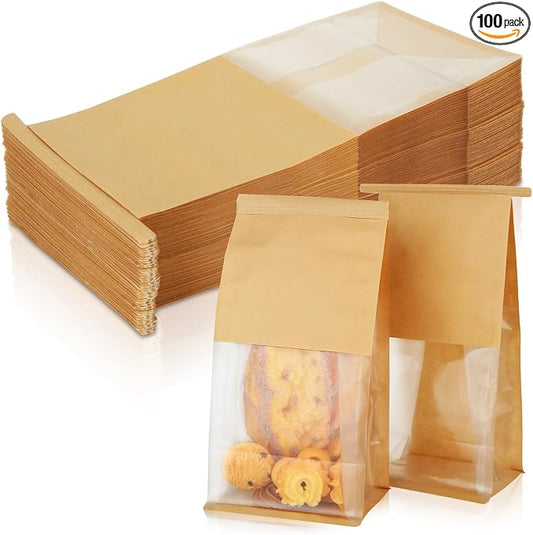 100PCS Bakery Bags with Window, 5.1 x 4.3 x 11.2 Inch Brown Tin Tie Tab Lock Bags Bakery Cookie Bags, Kraft Paper Cookie Treat Bag for Cookies Packaging Gift Giving Wedding Favors Coffee by FVIEXE