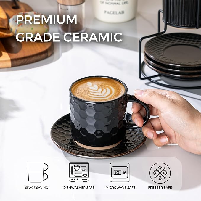 GBhome 6 OZ Stackable Coffee Mugs Set of 4, Ceramic Espresso Coffee Cups | Coffe Cups With Saucer and Stand, Dishwasher&Microwave Safe, 4 Assorted Designs - Image 4