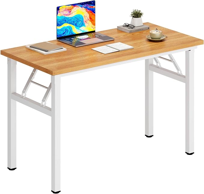 DlandHome 31.5 Inch Small Folding Computer Desk for Home Office, Teak White | Foldable Writing Table for Small Spaces Bedroom, No Assembly Required, Wood Top Metal Frame, Collapsible Compact Easy Storage by DlandHome