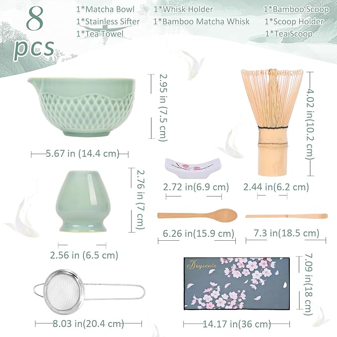 Joyscale Matcha Whisk Set, Matcha Set Whisk And Bowl, 8 Pcs Matcha Kit Set(Texture Design), 16 OZ, Japanese Matcha Tea Set, Matcha Making Kit Gifts for Tea Lovers(Celadon Green)