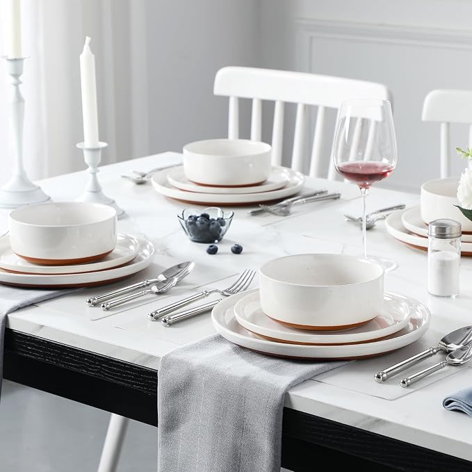 MALACASA Plates and Bowls Sets, 24 Pieces Modern Ceramic Dinnerware Set for 8 Kitchen Stoneware Dishes Dishware Set Microwave and Dishwasher Safe, White, Series TARA - Image 5