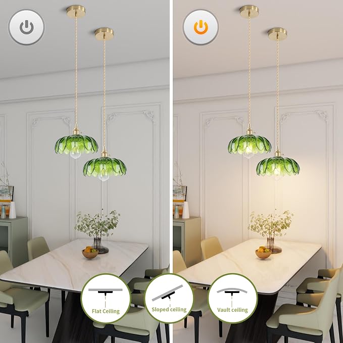 Vintage Pendant Light Green Mid Century Modern Pendant Light with Hand Blown Glass Shade Nordic Style 10" Gold1-Light Farmhouse Chandelier Ceiling Hanging Light fixtures for Dining Room Bedroom - Image 5