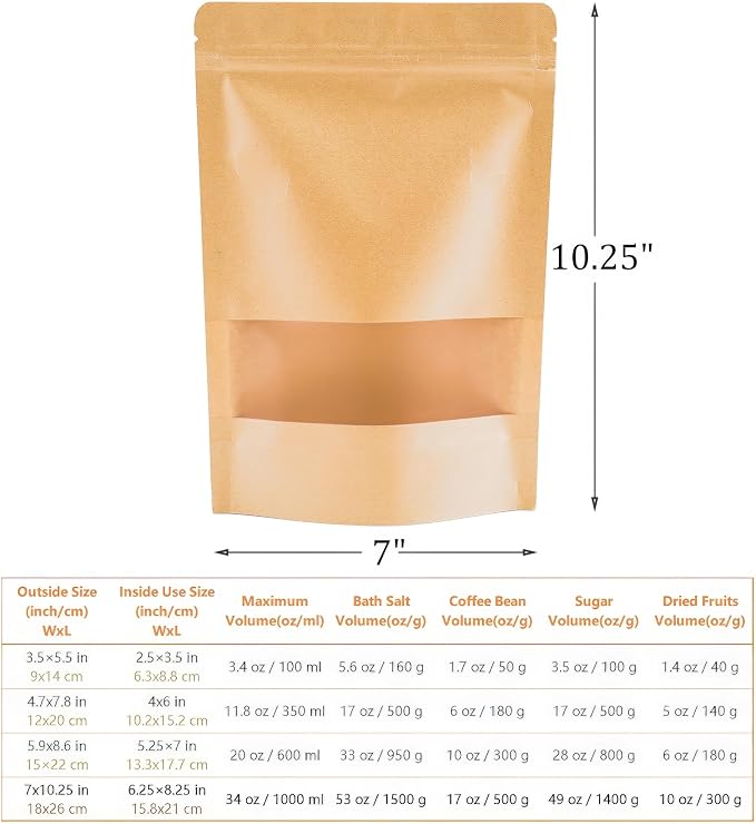 Kingrol 100 Count 7 x 10.25 Inch Kraft Paper Bags with Resealable Lock Seal Zipper &Transparent Window, Stand Up Food Bags - Image 4
