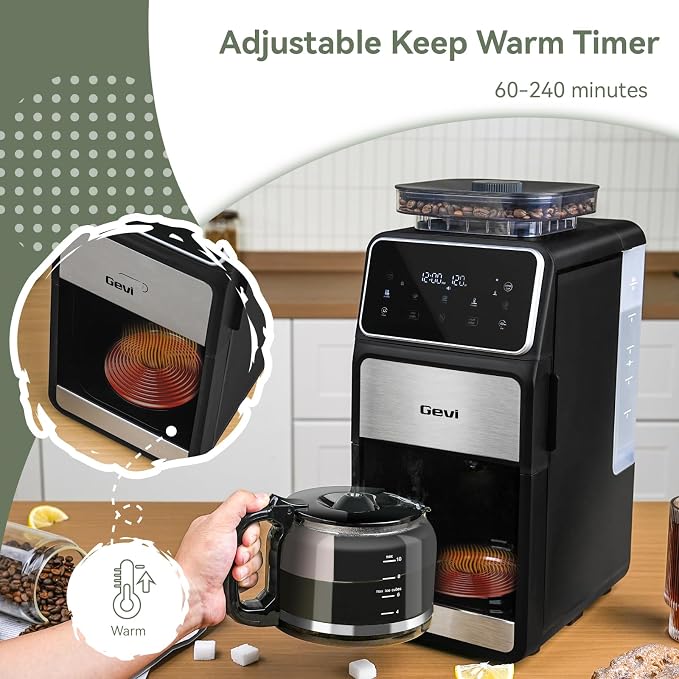 Gevi 10-Cup Grind & Brew Drip Coffee Maker with Built-In Burr Grinder | 24-Hour Programmable Timer, Touch Screen Control, 4-Hour Warm Plate, Permanent Filter with Original Glass Coffee Carafe - Image 7