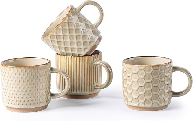 GBhome 8 OZ Stackable Coffee Mugs Set of 4, Ceramic Coffee Cups Set | 4 Assorted Designs, Embossed Mugs with Texture Patterns for Espresso/Tea, Dishwasher&Microwave Safe, Khaki by GBhome
