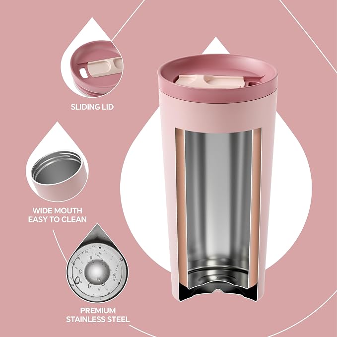 Ideus 17 oz Travel Coffee Mug, Double Wall Vacuum Stainless Steel Insulated Coffee Tumbler With Lid, Splash-Proof & Cup Holder Friendly, Keeps Drinks Hot/Cold, Dishwasher Safe, Blush - Image 4