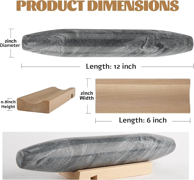 African Natural Grey Marble French Rolling Pin, 12inch Non-Stick Rolling Pin for Baking, Dough Roller for Pasta, Dumpling, Fondant, Pie, Bread, Pizza, Kitchen Baking Tools - Image 2