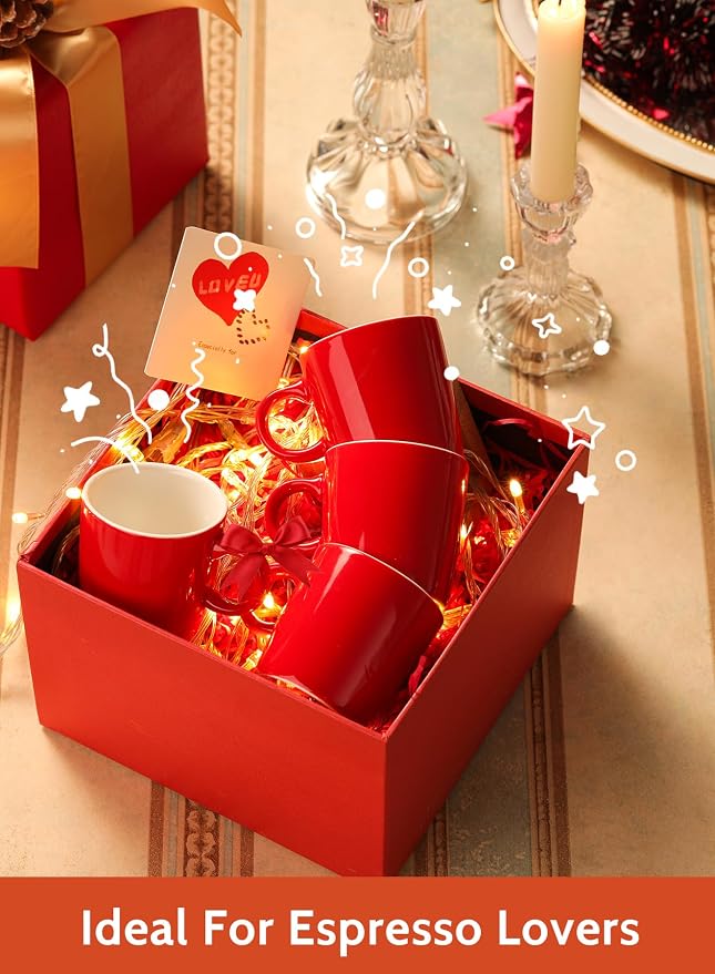 Sweese 3.5oz Porcelain Espresso Cups Set of 4, Mini Coffee Mugs Demitasse Cups - Red - Image 6