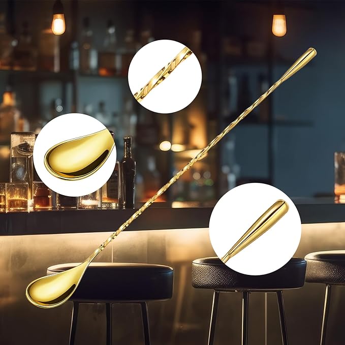 Boao 4 Pcs 12 Inch Cocktail Spoon Coffee Spoons Bar Stirring Spoon Long Handle Stainless Steel Cocktail and Coffee Mixing Tool for Homemade Barista/bartender (Golden)