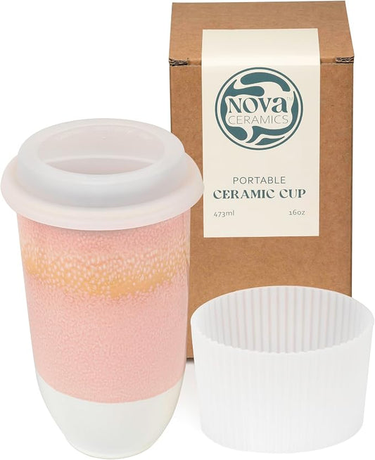 NOVA CERAMICS Travel Mug On the Go Coffee Mug Microwave & Dishwasher Safe Green Tumbler - Gifts For Women Men 16oz Afterglow by NovaCeramics