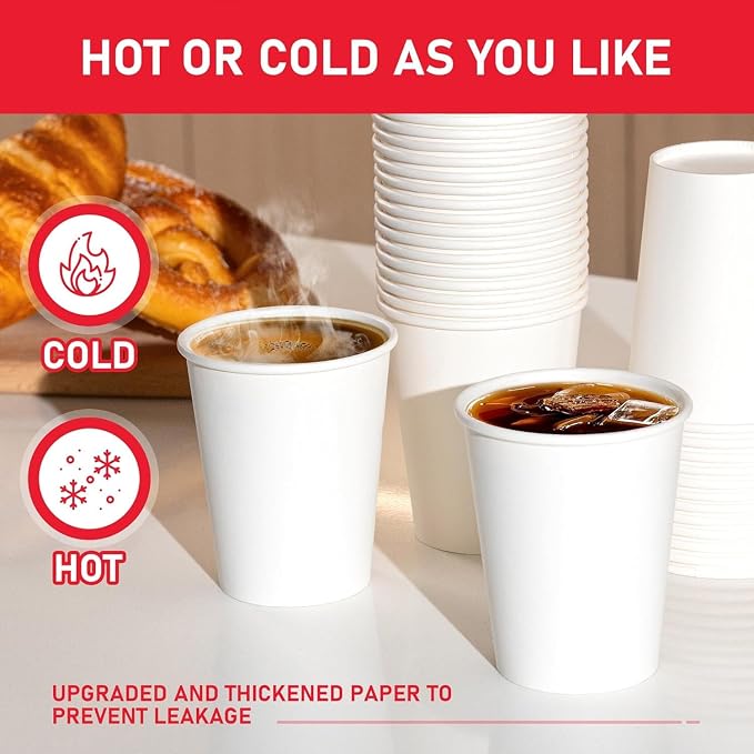 100 Pack 8 oz Paper Cups, Disposable Coffee Cups, White Hot/Cold Beverage Drinking Cups for Water, Coffee, or Juice, Perfect for office, Party, Home - Image 3