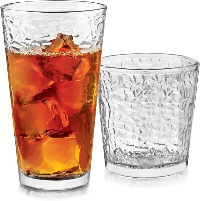 Libbey Yucatan Textured Tumbler & Rocks Drinking Glasses Set of 16 | Jumbo Margarita Glass Cups with 16.2 oz and 13 oz Capacities for Frozen Cocktails, Mocktails & Entertaining by Libbey
